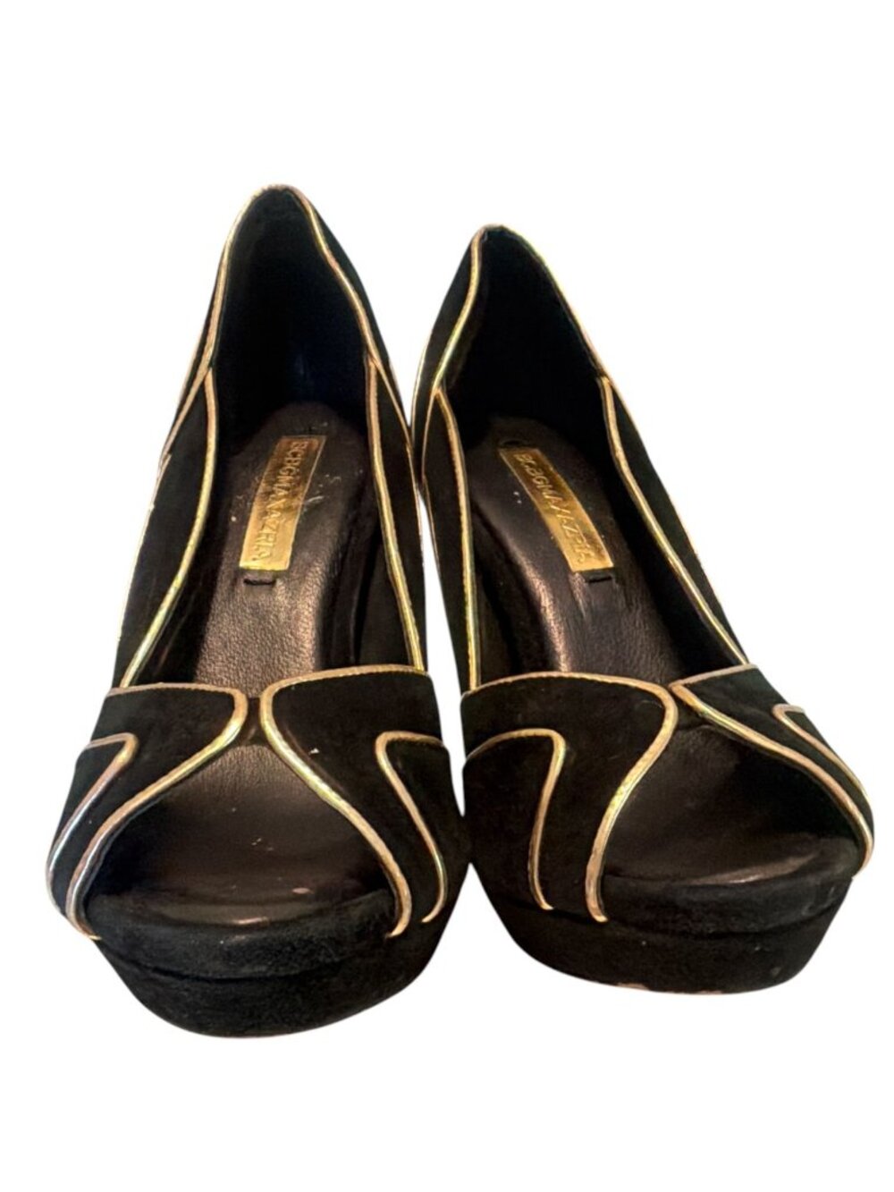 BCBGMaxazria Linden Peep-toe Pump Womens 6.5 Black Suede Gold Trim Platform Heel - Picture 7 of 9